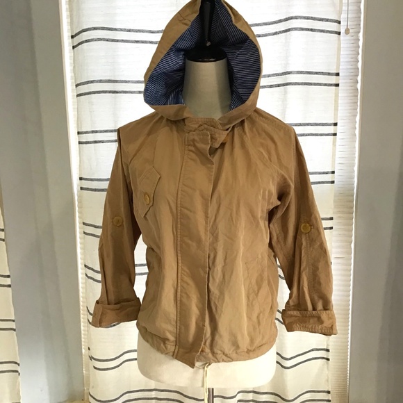 ISANI Women Size Med Tan Hooded Bomber Jacket Stripes Utility Gorpcore Pockets - Picture 1 of 9